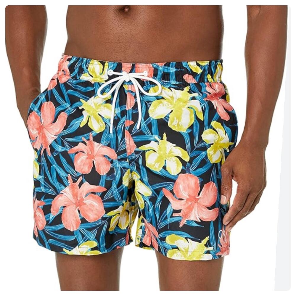 Calvin Klein Mens Tropical Hibiscus Floral Coastal Swim Trunks Large
